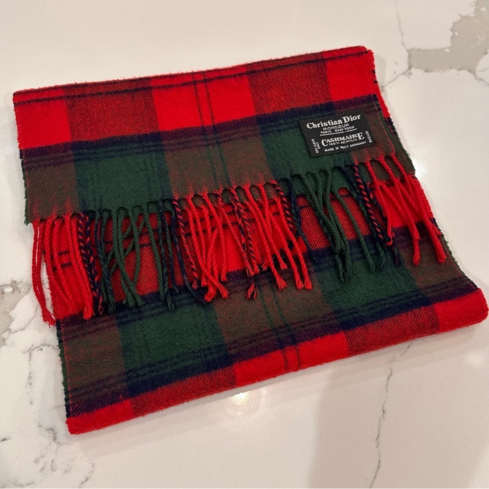 Vintage Christian Dior Monsieur Cashmaire Tartan Plaid Scarf Red Green Fringe